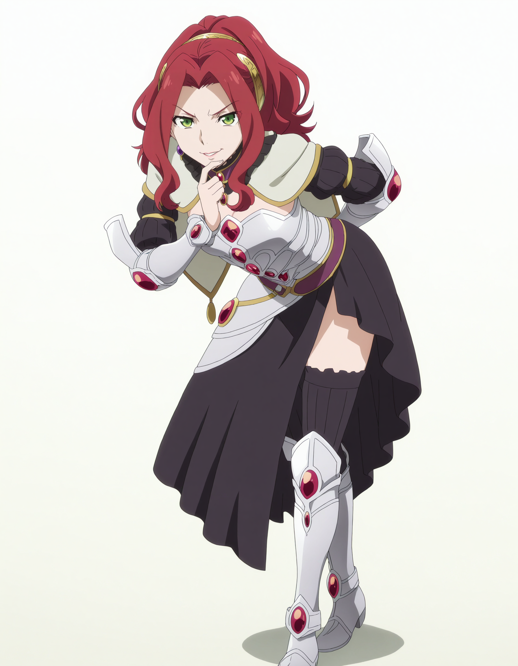 perfect composition, shadows, shading, full body, solo, <lora:anime_screencap-Illustrious:0.8> anime screencap, anime coloring, very aesthetic, absurdres, zPDXL, <lora:Pony_DetailV2.0:0.5> <lora:illustrious_quality_modifiers_masterpieces_v1:1>
<lora:51t3h:1> 51t3h, 1girl, green eyes, long hair, ponytail, red hair, gold hairband, jewel_collar, female focus, looking at viewer, evil smile, defined lips, thinking pose, finger on lip, standing, (leaning forward:1.2), wide stance, one hand behind back,
capelet, chest cutout, jewel_choker, silver armor, asymmetrical skirt, black skirt, thighhighs, boots,
white background, simple background,