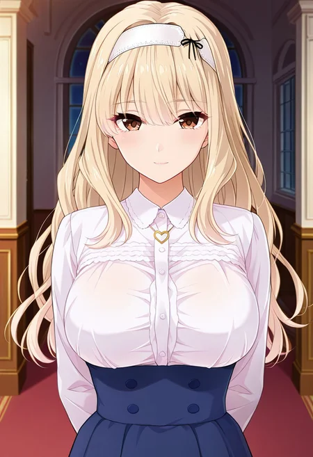 absurdres, best quality, masterpiece, amazing quality, highres, newest, detailed, source anime, anime coloring, beautiful, indoors, mansion,
BREAK
1girl, solo, standing, KijHyou, brown eyes, blonde hair, long hair, white hairband, wavy hair, light smile, light blush, looking at viewer,
virgin killer outfit, mansion attire, white blouse, heart necklace, blue skirt, high-waist skirt