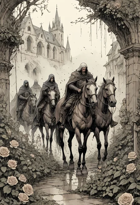 comics, emerging old and tired medieval warriors entering The forgotten garden in 'Melancholy Mists', enveloped by gentle, melancholic layers of magical particles fog, evoking the introspective beauty of memories past in the delicate unfurling rose tendrils, intricate ruined background and old horse, decay, sketch, limited palette, establishing shot, 8K, colored ink pencils, heavy crosshatching <lora:_CHY_Patouille:-2>