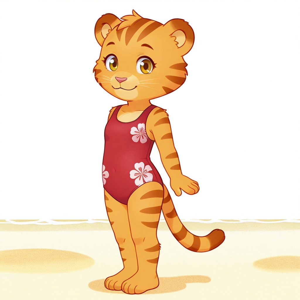 Collette, anthro, tiger, 1girl, solo, soft orange fur, darker tiger stripes on her head, arms, and tail, red swimsuit, barefoot, outoors, beach, looking at viewer, standing, smiling, legs together, closed mouth