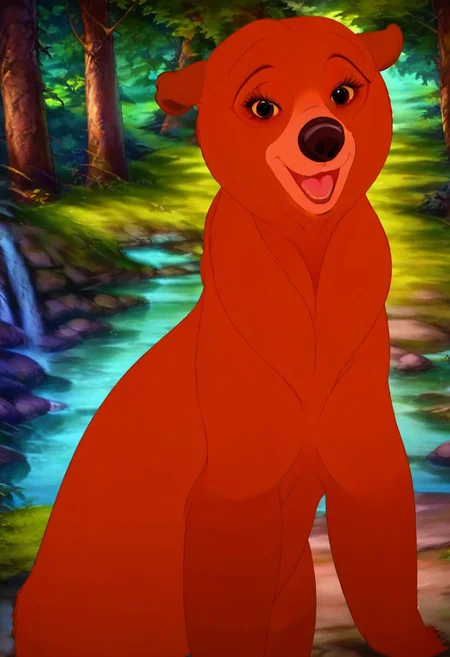 Bear, cartoon, female, Nita, Disney, 2d, detailed forest background, bipedal <lora:J_cartoon:0.7>, j_cartoon, <lora:MeekoXL:0.9>, Disney, score_9, score_8_up, score_8, solo, (feral), detailed fur, ((happy expression)), ((looking at viewer seductively:1.6)), breathtaking, environmental lighting, professional, highly detailed, ((detailed shaders)), beautiful, high quality, night-time, outdoors, dark forest, <lora:Furtastic_Detailer:1>