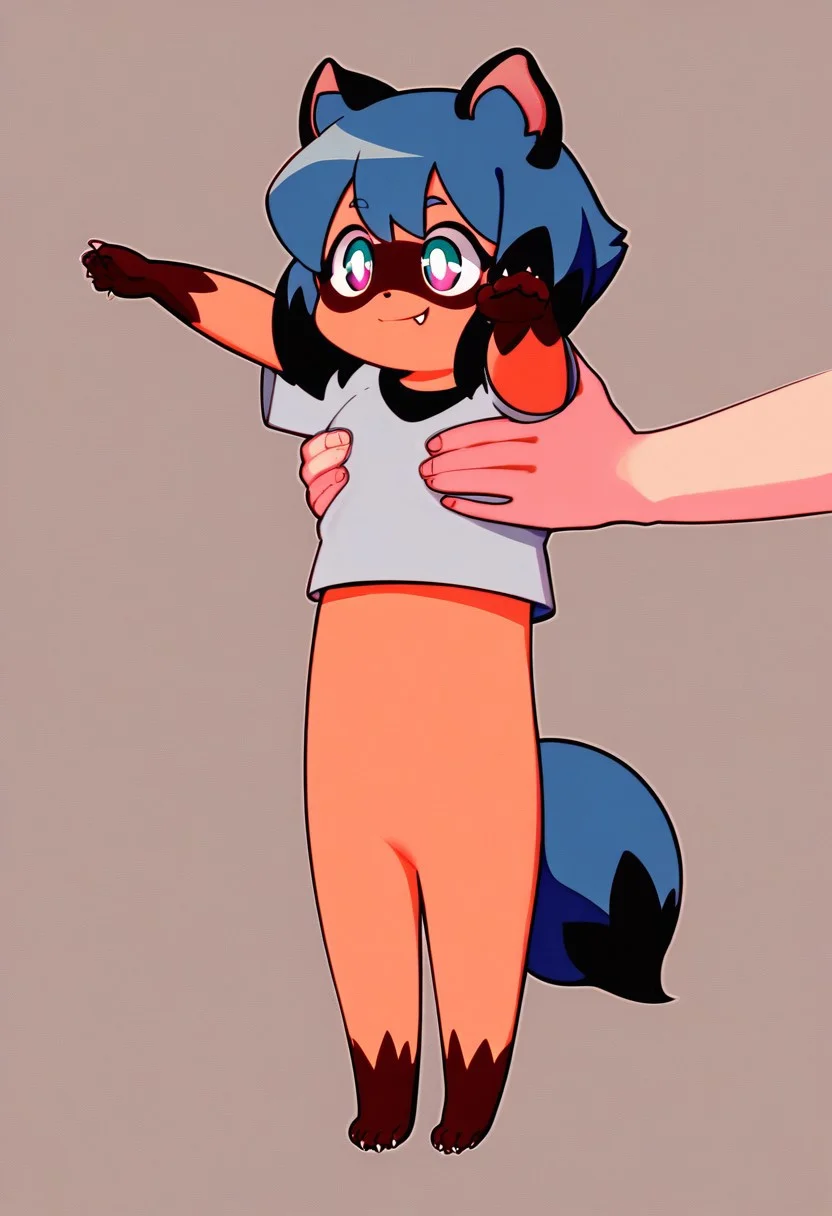 score_9, score_8_up, score_7_up, score_6_up, score_5_up, score_4_up, feral
Michiru Kagemori, solo, two tone fur, raccoon tail, fang, chibi, human hands are holding a tanuki, 5 fingers, simple background,
<lora:LongCatMeme_XLPD:1>