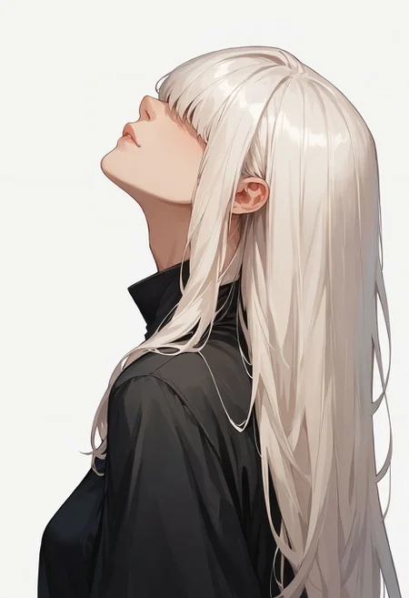 score_9,score_8_up,score_7_up,score_6_up, masterpiece, best quality, white background, black and white, monochrome, hair over eyes, girl, long hair, white hair, from side, looking up,