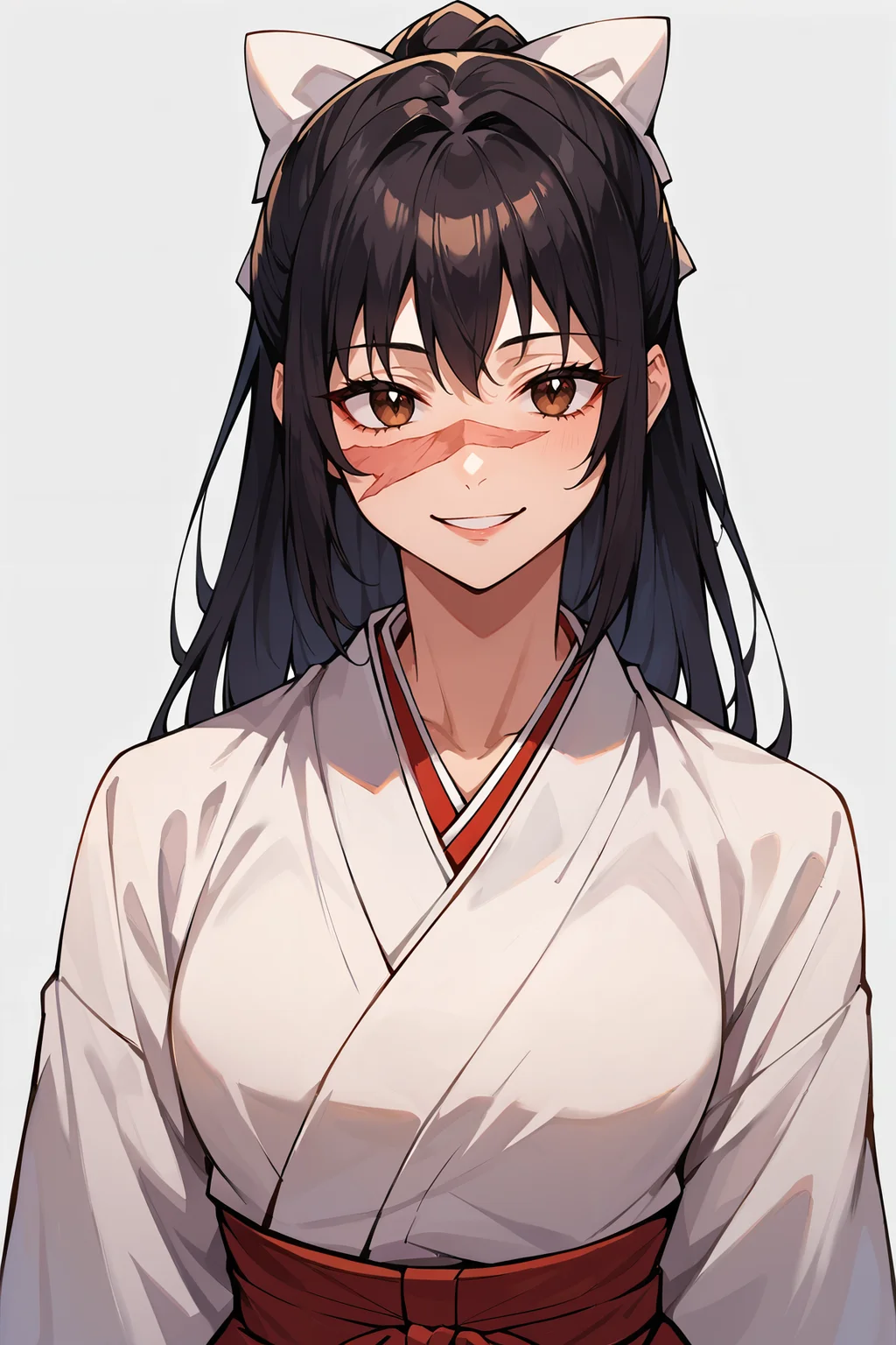 <lora:utahime_iori_jjk_xl:1>, score_9,score_8_up,score_7_up,score_6_up,utahime jjk, 1girl,solo,upper body, scar on face, long hair, brown eyes,black hair,parted lips ,smile, happy, japanese clothes,white kimono, red hakama, miko, white background, hair bow, white bow,ponytail