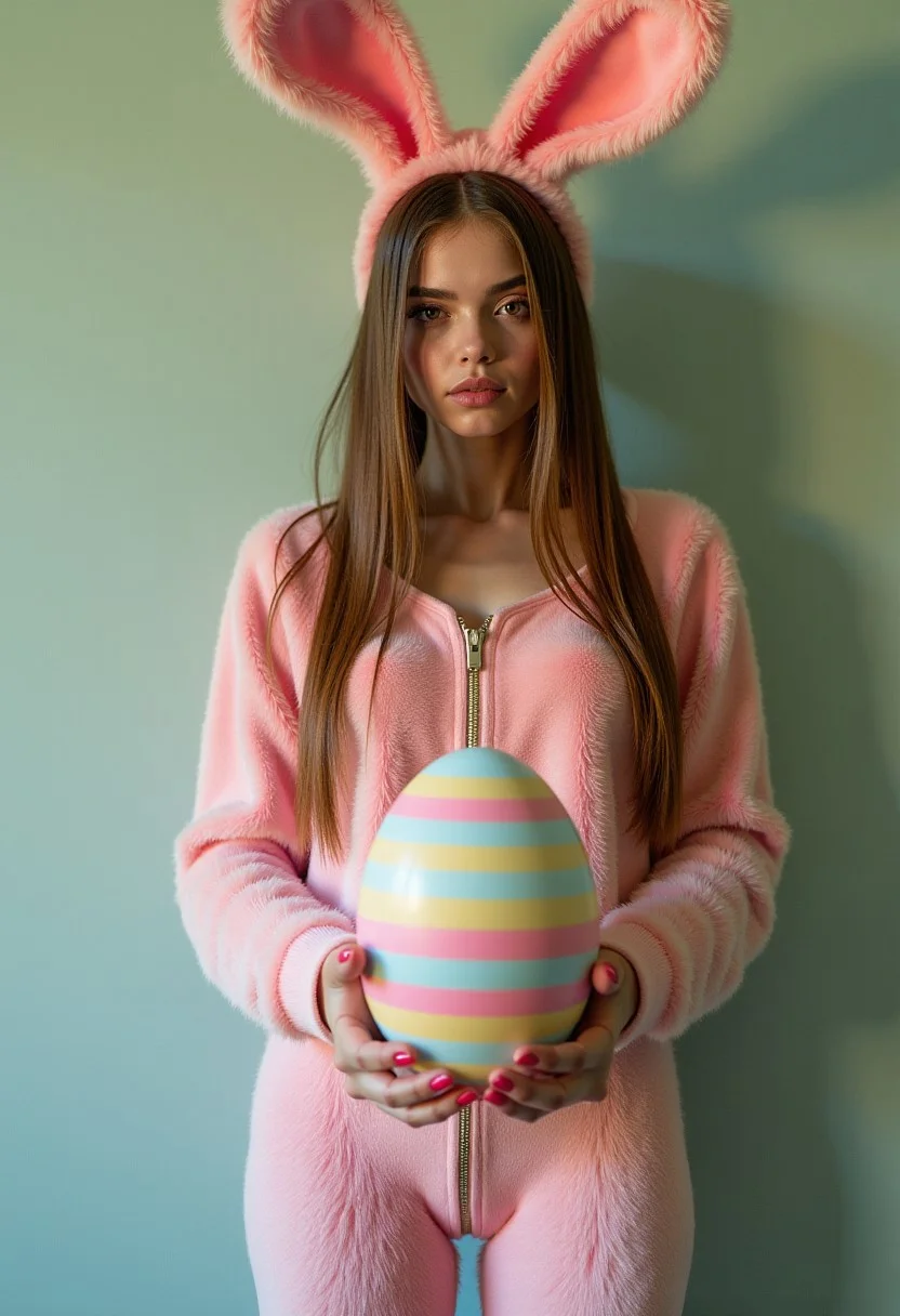 A girl with pink furry bunny ears, furry bunny overall costume, holding huge color-striped Easter egg, Easter happiness, fancy image, funny image.