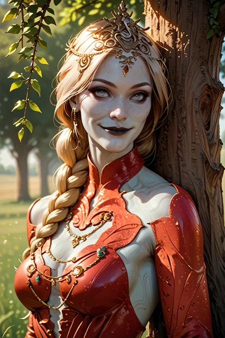 score_9, score_8_up, score_7_up, score_6_up
<lora:BGOrin:1.0>
BGOrin, 1girl, blonde hair, white eyes, colored skin, braid, long hair, looking at viewer, Leaning against a tree or post, in a field of tulips, golden hour, elegant dress, smiling