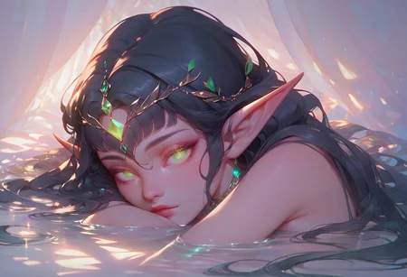 score_9, score_8_up, score_7_up, score_6_up, score_5_up, 1girl, ((elf)) lying seductively, long hair, black hair, long bangs, beautiful green eyes, luminous eyes,