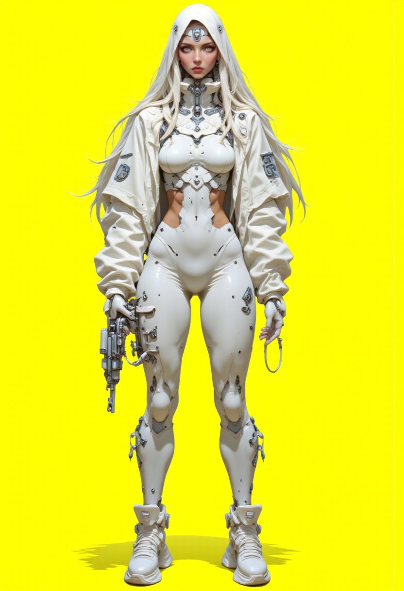 (anime, cyberpunk, R3alisticF, niji, gothic, erotic, anime, HD, 8K quality, ultra-detailed, futuristic digital illustration) a slender female character exuding confidence and readiness for action. She wears a sleek, all-white bodysuit with intricate paneling and seams, paired with a modular high-tech backpack in pure white, featuring angular mechanical components. Her long white hair flows from beneath a hooded white jacket with a high collar covering her neck. A minimal white crop top is visible underneath. The outfit is entirely monochrome, blending advanced techwear design with elegant simplicity. She stands in a strong, confident pose, left hand on her hip, right hand gripping a small futuristic device, streamlined and reflective. Her white sneakers have layered, rugged textures and exaggerated soles, amplifying the modern, tactical aesthetic. The character's expression is serious, her sharp features framed by strands of white hair, her eyes conveying intense focus and determination. The background is a solid, bright yellow, emphasizing her silhouette and clean, futuristic style. The ultra-realistic rendering captures the contrast between soft fabric, rigid armor-like elements, and polished surfaces, presenting a bold, minimal yet high-impact visual statement in a cyberpunk-inspired vision.
