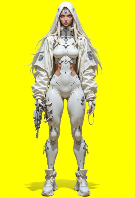 (anime, cyberpunk, R3alisticF, niji, gothic, erotic, anime, HD, 8K quality, ultra-detailed, futuristic digital illustration) a slender female character exuding confidence and readiness for action. She wears a sleek, all-white bodysuit with intricate paneling and seams, paired with a modular high-tech backpack in pure white, featuring angular mechanical components. Her long white hair flows from beneath a hooded white jacket with a high collar covering her neck. A minimal white crop top is visible underneath. The outfit is entirely monochrome, blending advanced techwear design with elegant simplicity. She stands in a strong, confident pose, left hand on her hip, right hand gripping a small futuristic device, streamlined and reflective. Her white sneakers have layered, rugged textures and exaggerated soles, amplifying the modern, tactical aesthetic. The character's expression is serious, her sharp features framed by strands of white hair, her eyes conveying intense focus and determination. The background is a solid, bright yellow, emphasizing her silhouette and clean, futuristic style. The ultra-realistic rendering captures the contrast between soft fabric, rigid armor-like elements, and polished surfaces, presenting a bold, minimal yet high-impact visual statement in a cyberpunk-inspired vision.