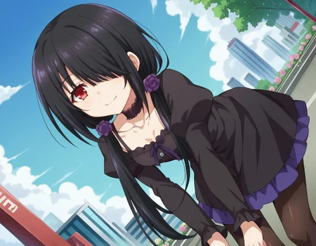 score_9, score_8_up, score_7_up, source_anime,
kurumitokisaki, <lora:kurumi-tokisaki-ponyxl-lora-nochekaiser:1>,
kurumi tokisaki casual, long hair, black hair, red eyes, long sleeves, dress, pantyhose, hair over one eye, black dress, black pantyhose, puffy sleeves, choker, collarbone, skirt, black skirt, flowers, hair flowers, purple flowers, twintails, low twintails,
outdoors, cityscape, smile, bent over,
looking at viewer, cowboy shot, dutch angle,