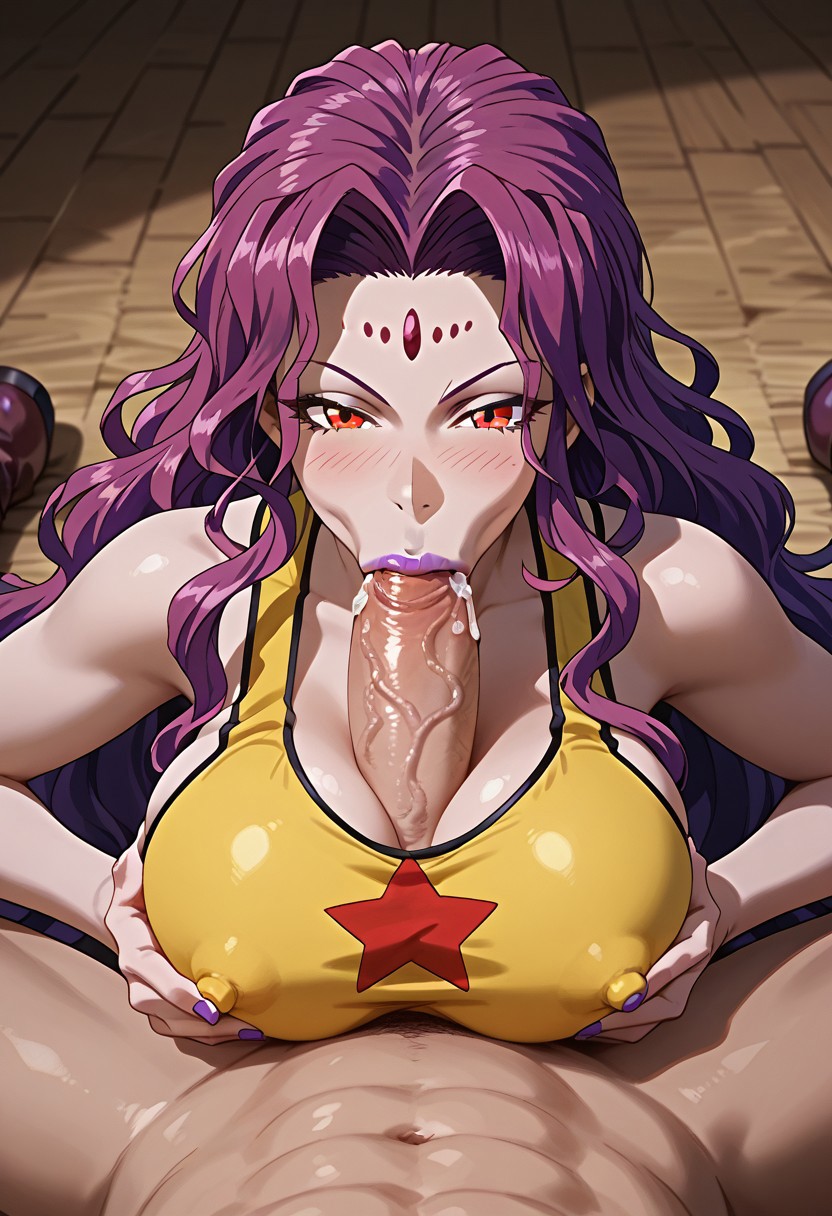1girl, 1boy, big penis, human male, male pov, front view, penis under female clothes, penis under cleavage, monster female, paizuri, clothed female nude male, squeezing breasts, breasts grab, erect nipples, long nipples, nipple bulge, looking at viewer, penis between breasts, shiny breasts, pre-cum, deepthroat, blowjob, fellatio, oral, Score_9, Score_8_up, Score_7, masterpiece, 8k, intricate details, ultra detailed, hyper detailed, ultra detailed hair, ultra detailed face, ultra detailed hair, ultra detailed body, zazan, purple hair, colored skin, purple lips, navel, star (symbol), long hair, yellow bikini, facial mark, foerehead mark, yellow eyes, makeup, lipstick, swimsuit, tail, wavy hair, large breasts, boots, purple footwear, bikini, crop top, tank top, clothed female nude male