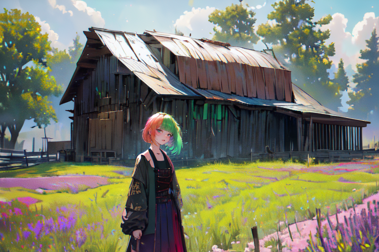 (otherworldly), highly insanely detailed, masterpiece, top quality, best quality, highres, 4k, 8k, RAW photo, (very aesthetic, beautiful and aesthetic), farm, fields, barn, fence, fantfa, <lora:FantasyFarm-10:0.8>, 
1girl, 
(neon green hair,strawberry blonde hair,lavender hair ,colored inner hair,gradient hair), 
(honey blonde background),âââ