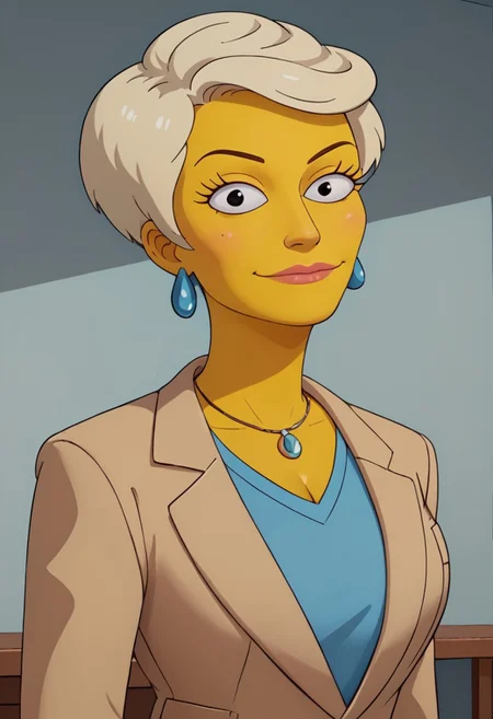 ((bedroom background)),score_9, score_8_up, score_7_up,score_6_up, 
1girl, solo, Lindsey_TS, yellow skin, black eyes, blonde hair, short voluminous hair, hairsyle elegant, light blue earrings, long beige blazer, light formal fitted blue dress, necklace, light blue high heels, big eyes, cute, tall stature, social smile, sexy face, close-up, face photo, perfect eyes, perfect smile, looking at the viewer, big breasts, detailed eyes, perfect eyes, very close-up,