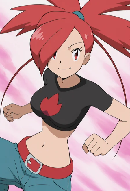 masterpiece, best quality, solo, curvy, beautiful eyes, aged up, large breasts, wide hips, narrow waist, 1girl, solo, smile, looking at viewer, zzFlannery, red eyes, hair over one eye, big hair, ponytail, red hair, spiked hair, long hair, crop top, midriff, red belt, denim jeans, ,<lora:FlanneryPokemon_IXL:1.0>, crouching, looking up, dynamic angle, cowboy shot, looking at viewer,
