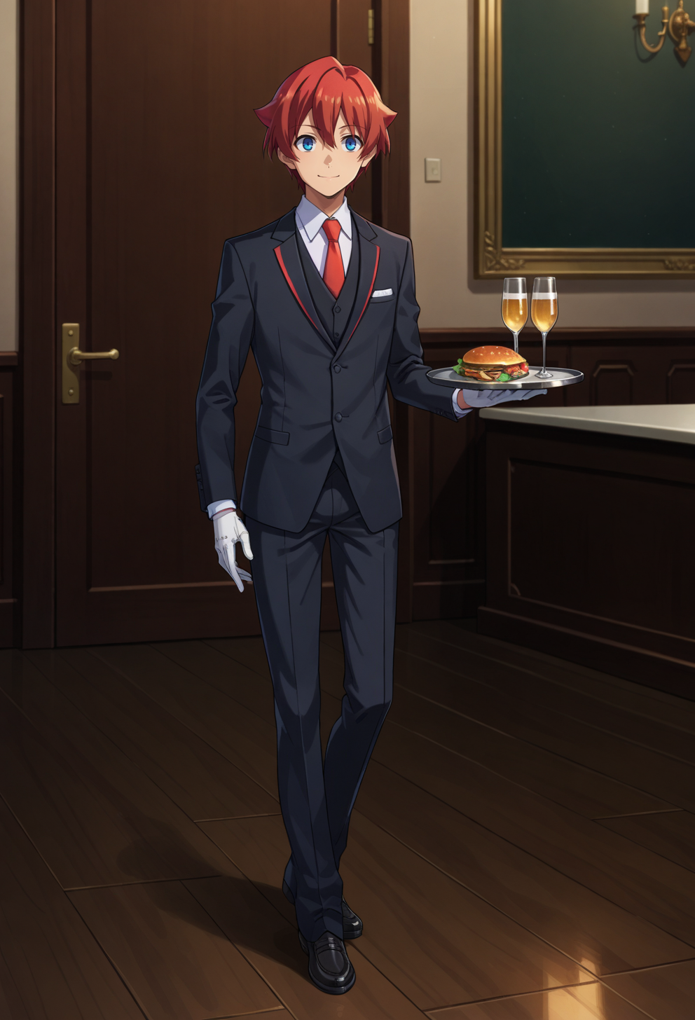 score_9, score_7_up, source_anime, BREAK  <lora:AEYuta:0.9> aeyuuta, blue eyes,red hair, short hair, suit, necktie, vest, smile, tuxedo, butler, full body, holding tray, white gloves,