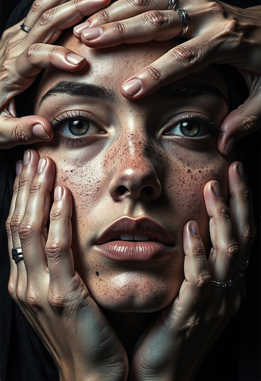 An ultra close-up portrait of a woman’s face, filling the entire frame, leaving no visible background. Her expression is unreadable, partially hidden beneath a mass of hands—a mixture of tiny, delicate fingers of infants, smooth hands of youth, and wrinkled, veined hands of the elderly. The hands are not her own; they belong to many others, pressing gently yet firmly over her features, partially covering her eyes, mouth, and cheeks. Some hands grasp her jawline, others stretch over her forehead, their fingertips resting just above her lips, as if silencing her. The variation in skin textures is striking—soft, unblemished baby hands contrast against aged, gnarled fingers with deep lines and prominent veins. Though her eyes are partially covered, faint glimpses of them peek through the gaps, revealing an intense gaze filled with an emotion that remains just out of reach. Shadows from the overlapping fingers create a layered depth, making her face feel both hidden and revealed at the same time. The lighting is moody and dramatic, with high contrast between the illuminated skin of the hands and the deep shadows cast across her face. The lack of a background isolates her, making the tangled, intricate weave of fingers the singular focus. The contrast between the lifelike textures of the hands and her obscured, expressionless face creates a haunting, surreal narrative—one of silence, control, protection, or something unknown.
