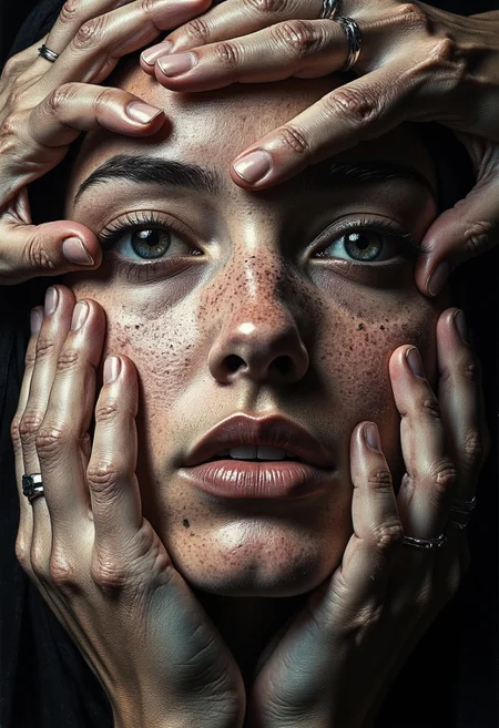 An ultra close-up portrait of a woman’s face, filling the entire frame, leaving no visible background. Her expression is unreadable, partially hidden beneath a mass of hands—a mixture of tiny, delicate fingers of infants, smooth hands of youth, and wrinkled, veined hands of the elderly. The hands are not her own; they belong to many others, pressing gently yet firmly over her features, partially covering her eyes, mouth, and cheeks. Some hands grasp her jawline, others stretch over her forehead, their fingertips resting just above her lips, as if silencing her. The variation in skin textures is striking—soft, unblemished baby hands contrast against aged, gnarled fingers with deep lines and prominent veins. Though her eyes are partially covered, faint glimpses of them peek through the gaps, revealing an intense gaze filled with an emotion that remains just out of reach. Shadows from the overlapping fingers create a layered depth, making her face feel both hidden and revealed at the same time. The lighting is moody and dramatic, with high contrast between the illuminated skin of the hands and the deep shadows cast across her face. The lack of a background isolates her, making the tangled, intricate weave of fingers the singular focus. The contrast between the lifelike textures of the hands and her obscured, expressionless face creates a haunting, surreal narrative—one of silence, control, protection, or something unknown.