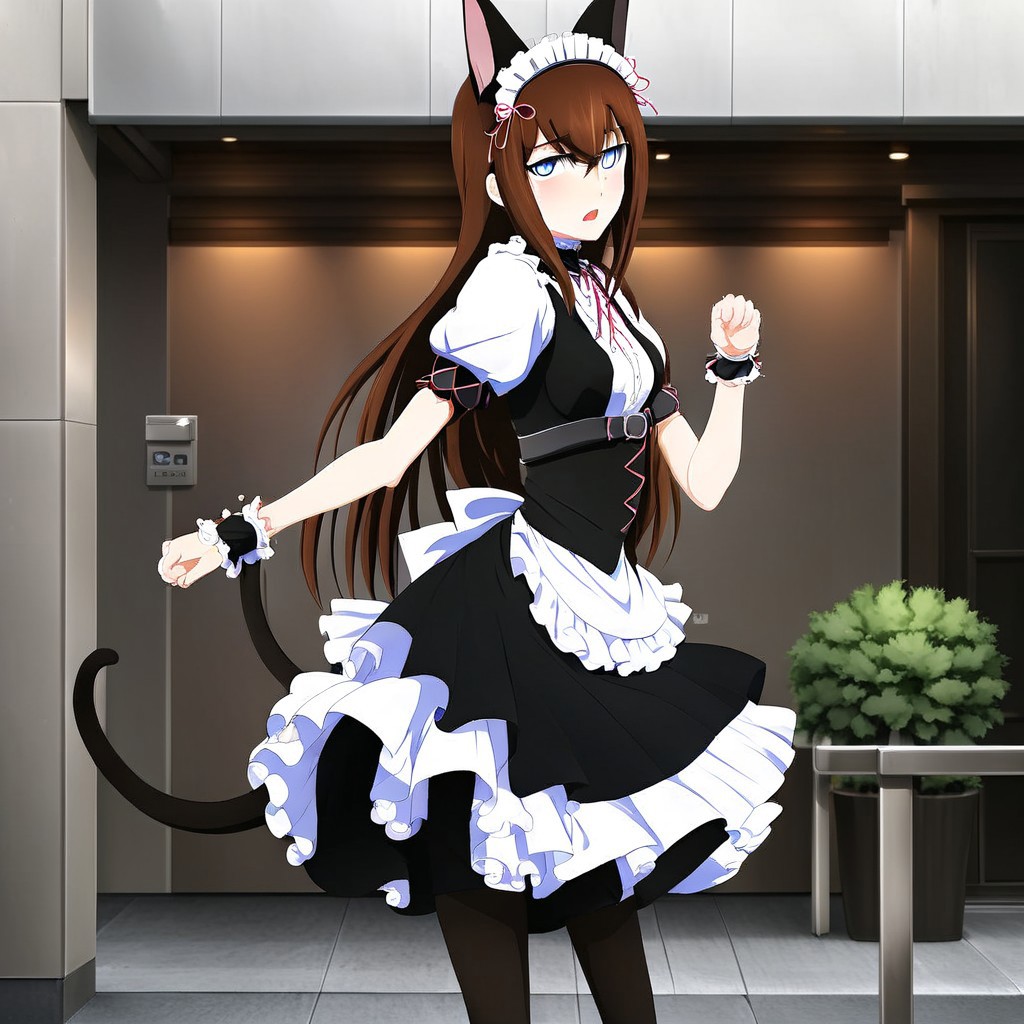 anime style , maid outfit , A cute and beautiful image of Makise Kurisu in maid outfit making a cat pose , ribbon , sexy legs , naughty pose