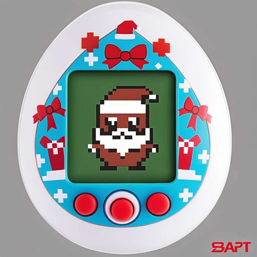 An egg-shaped, virtual pet device is featured with a central screen displaying, a  single color 8bit  santa,The screen is encased within an while ring  ., <lora:egg_bit:0.75>
