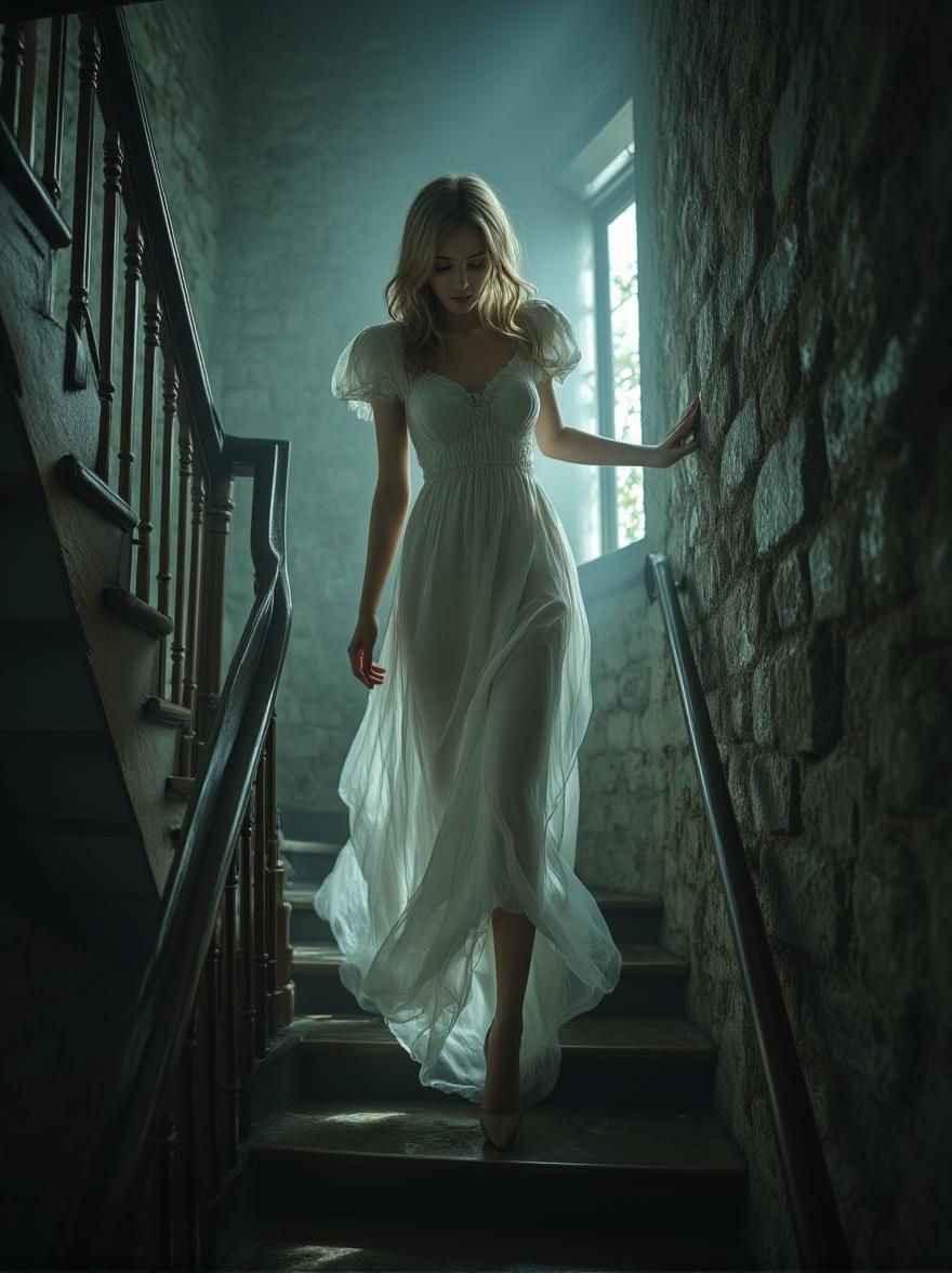 <lora:Refined_Beauty_v1_style.safetensors:1> RefinedBeauty_DA
In the mirrored dimness of the stairwell, a woman ascends with a grace that seems almost otherworldly. Clad in a long, flowing white dress, she exudes a vintage and ethereal charm. The gown, with its ruched bodice and short, puffed sleeves, is crafted from a lightweight, sheer fabric that sways with each step, adding to the dreamy ambiance. Her hair, styled in loose waves, cascades down her back, enhancing the soft and romantic theme of her attire.
The stairwell, now illuminated by a soft, natural light filtering through the opposite window, is lined with rustic elements that create a mysterious and timeless atmosphere. The wooden banister and aged stone walls reflect the gentle glow, casting delicate shadows that dance around her. As she moves, the fabric of her dress catches the light, creating a mesmerizing interplay of transparency and shadow.
The reversal of the scene has transformed the once-descending figure into an ascending one, shifting the dynamic of the environment. The upward motion adds a sense of journey and purpose, as if she is climbing towards an unseen destination. The natural and rustic elements, now seen from a different angle, enhance the surreal and mystical quality of the setting. Each step she takes is a silent whisper, a part of a timeless tale being woven in the air around her.