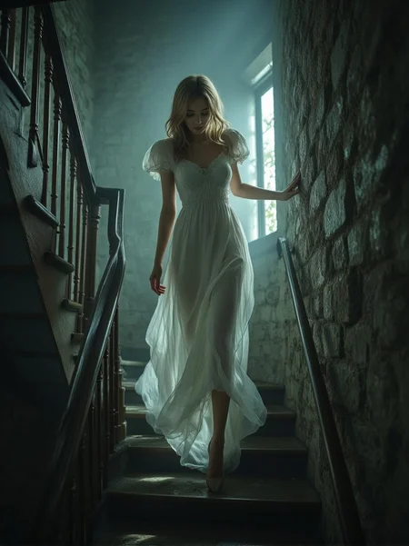 <lora:Refined_Beauty_v1_style.safetensors:1> RefinedBeauty_DA
In the mirrored dimness of the stairwell, a woman ascends with a grace that seems almost otherworldly. Clad in a long, flowing white dress, she exudes a vintage and ethereal charm. The gown, with its ruched bodice and short, puffed sleeves, is crafted from a lightweight, sheer fabric that sways with each step, adding to the dreamy ambiance. Her hair, styled in loose waves, cascades down her back, enhancing the soft and romantic theme of her attire.
The stairwell, now illuminated by a soft, natural light filtering through the opposite window, is lined with rustic elements that create a mysterious and timeless atmosphere. The wooden banister and aged stone walls reflect the gentle glow, casting delicate shadows that dance around her. As she moves, the fabric of her dress catches the light, creating a mesmerizing interplay of transparency and shadow.
The reversal of the scene has transformed the once-descending figure into an ascending one, shifting the dynamic of the environment. The upward motion adds a sense of journey and purpose, as if she is climbing towards an unseen destination. The natural and rustic elements, now seen from a different angle, enhance the surreal and mystical quality of the setting. Each step she takes is a silent whisper, a part of a timeless tale being woven in the air around her.