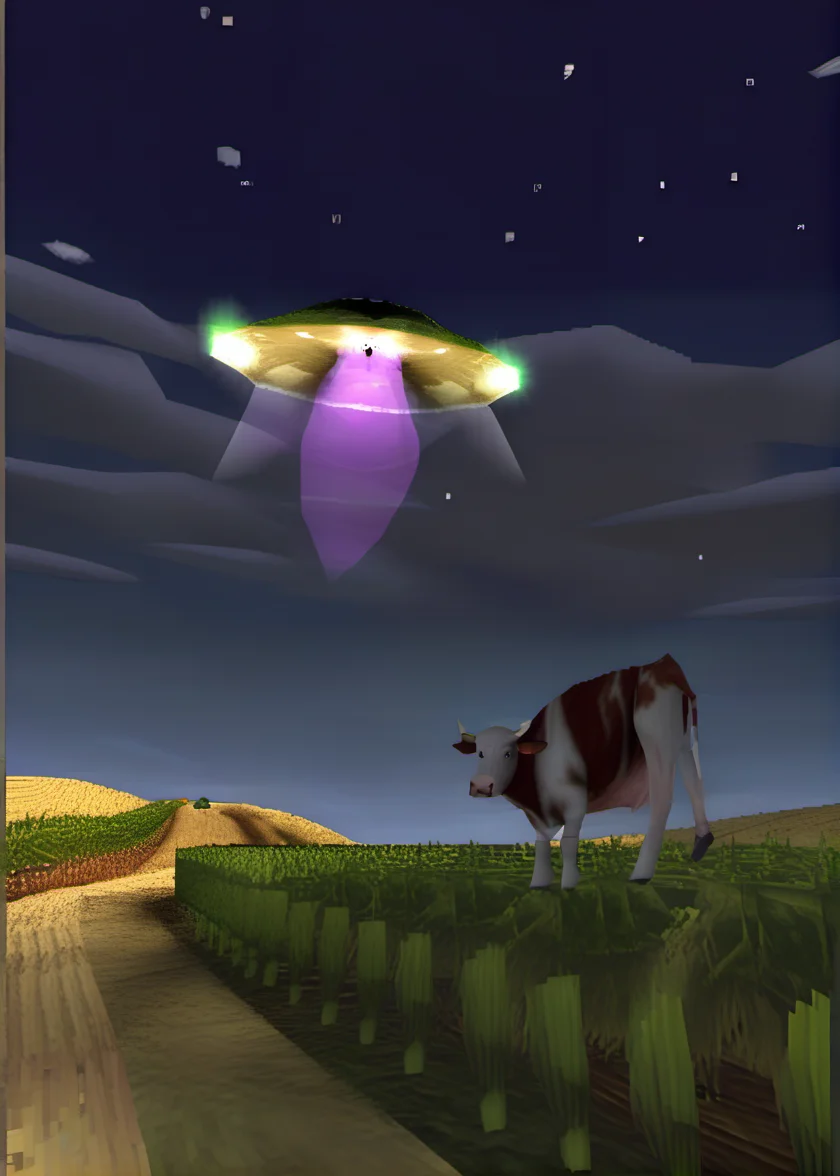 a ufo abducting a cow in a rural cornfield, (ps1 style:1), <lora:ps1_style_SDXL_v1:1>, (game screenshot), (computer generated image)
