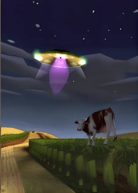 a ufo abducting a cow in a rural cornfield, (ps1 style:1), <lora:ps1_style_SDXL_v1:1>, (game screenshot), (computer generated image)