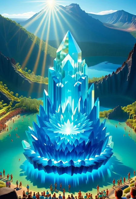 ispzxll, diorama, isometric, miniature, volumetric lighting style, intricate details, massive clear emerland crystal formation, sunlight shining through, natural setting, volcanic lake setting, crowds of people gathered, tourists, flash photography, news helicopter