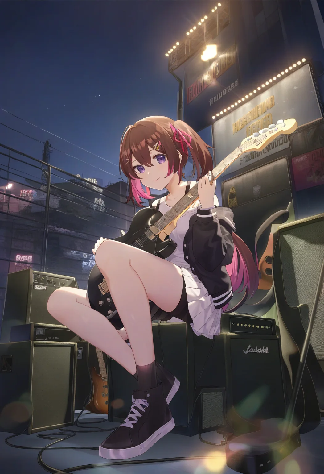1girl, sitting, from below, holding instrument, electric guitar, knee up, amplifier, night, billboard, solo, looking at viewer, smile, short hair, bangs, brown hair, short twintails, hair ornament, long sleeves, hair between eyes, closed mouth, purple eyes, full body, hair ribbon, white shirt, pink hair, pleated skirt, open clothes, hairclip, off shoulder, black footwear, two-tone hair, open jacket, black jacket, white skirt, bike shorts, black socks, sneakers, colored inner hair, amazing quality, <lora:jlt4n-000009:1>