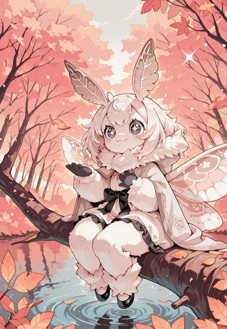 sparkling eyes, glitter eyes, S4bit4mago_illu, s0wasow4rt_illu, halftone, detailed background, , Cartoon_Type, score_9, score_8_up, score_7_up, (solo), extreme detail, masterpiece, best quality, cute dress, amazing quality, very aesthetic, lake, cloak fluttering, high resolution, fluffy fur, hand on chest, ultra-detailed, absurdres, (1 beautiful moth girl), 1 girl, fluffy, (compound eyes), sitting, anthro, ((cute theme)), source_anime, large black eyes, body covered, reaching for leaf, leaf in foreground, depth of field, looking into distance, wings covering body, standing on branch, in foliage, soft smile, wearing cloak, curvy, glossy body, puzzled look, sparkling eyes, glitter eyes,