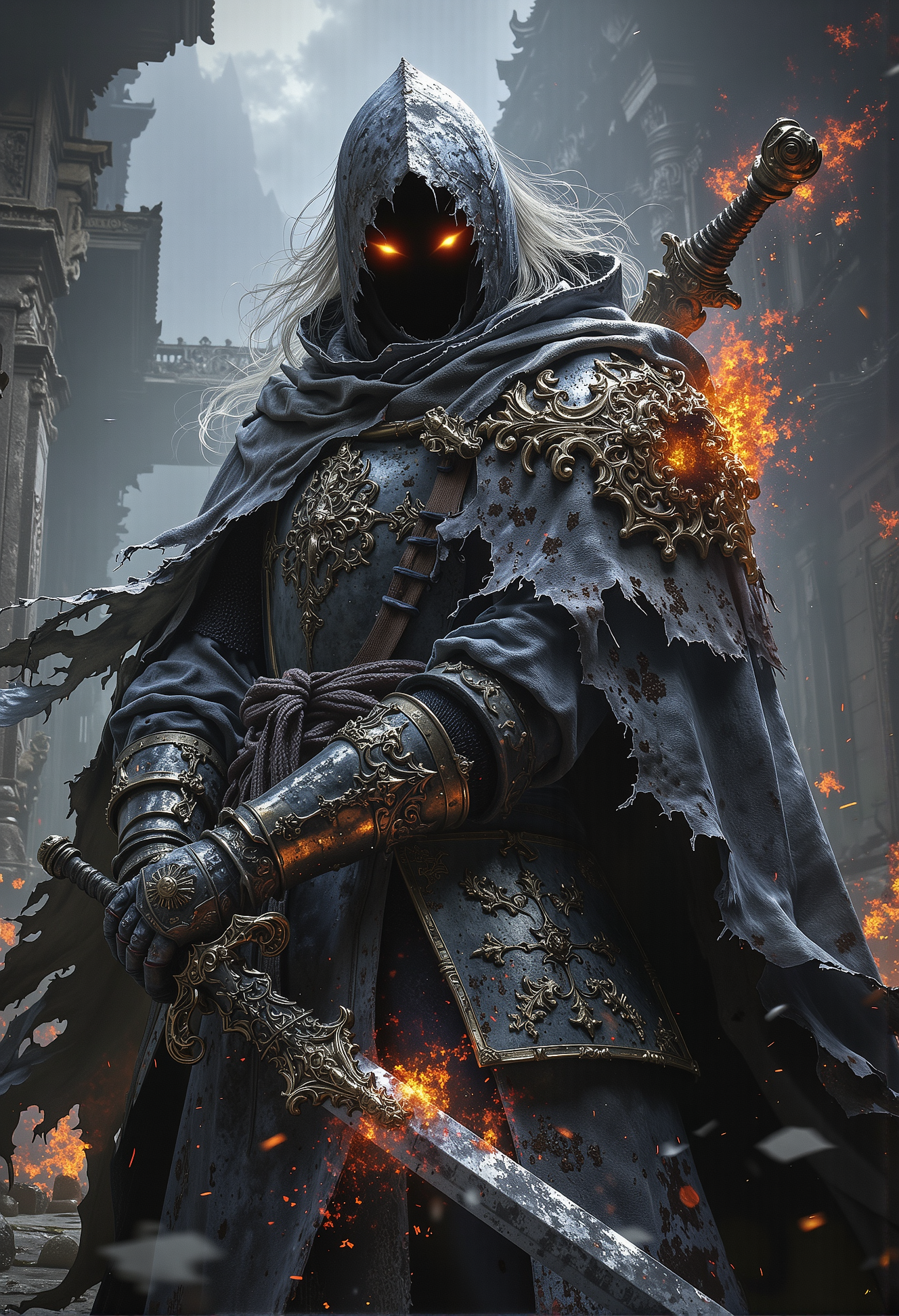 Haunted knight, rusted armor, burning eyes, cracked shield, cursed blade <lora:Elden_Ring_-_Yoshitaka_Amano.safetensors:1.0>,  <lora:black_fantasy.safetensors:0.75>,