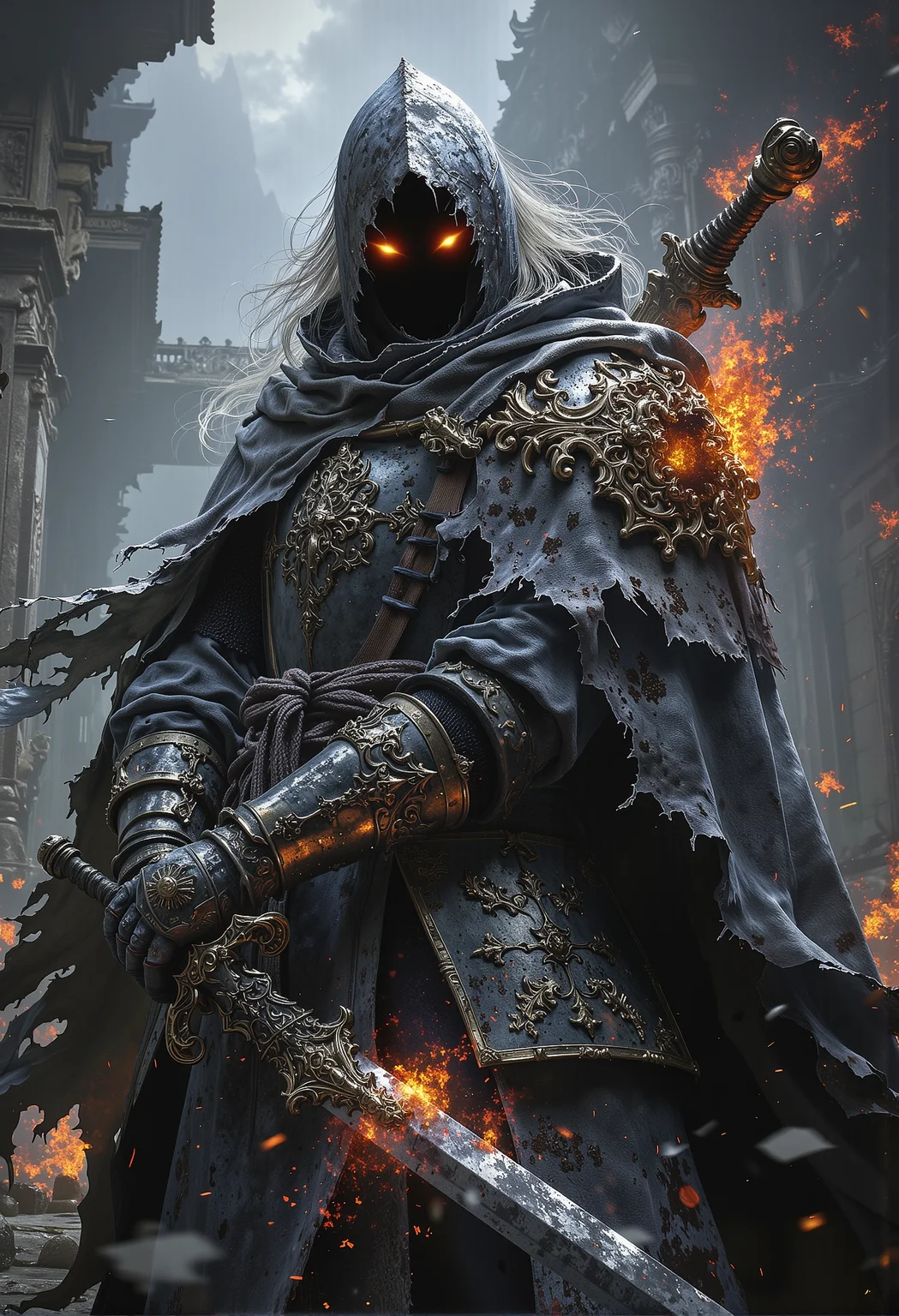 Haunted knight, rusted armor, burning eyes, cracked shield, cursed blade <lora:Elden_Ring_-_Yoshitaka_Amano.safetensors:1.0>, <lora:black_fantasy.safetensors:0.75>,