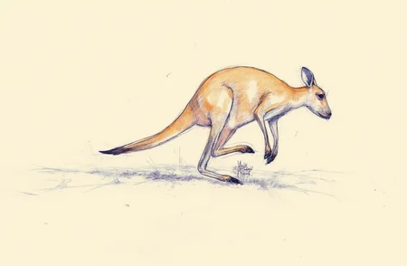 Sharp image of a rough sketch, rendered in vibrant multi colour ballpoint pen, capturing the adorable features of a kangaroo in mid-air, with its body stretched out and its tail extended upwards. The background is a light beige color, and the ground appears to be dry and barren. The animal is facing towards the right side of the image, and its head is turned slightly to the left. Its body is elongated and its legs are stretched out in front of it, with one leg slightly bent at the knee and the other extended behind it. Its tail is long and curved, and it has two small ears on its head. The image is taken from a low angle, looking up at the animal.  p3nsk, <lora:p3nsk:1>