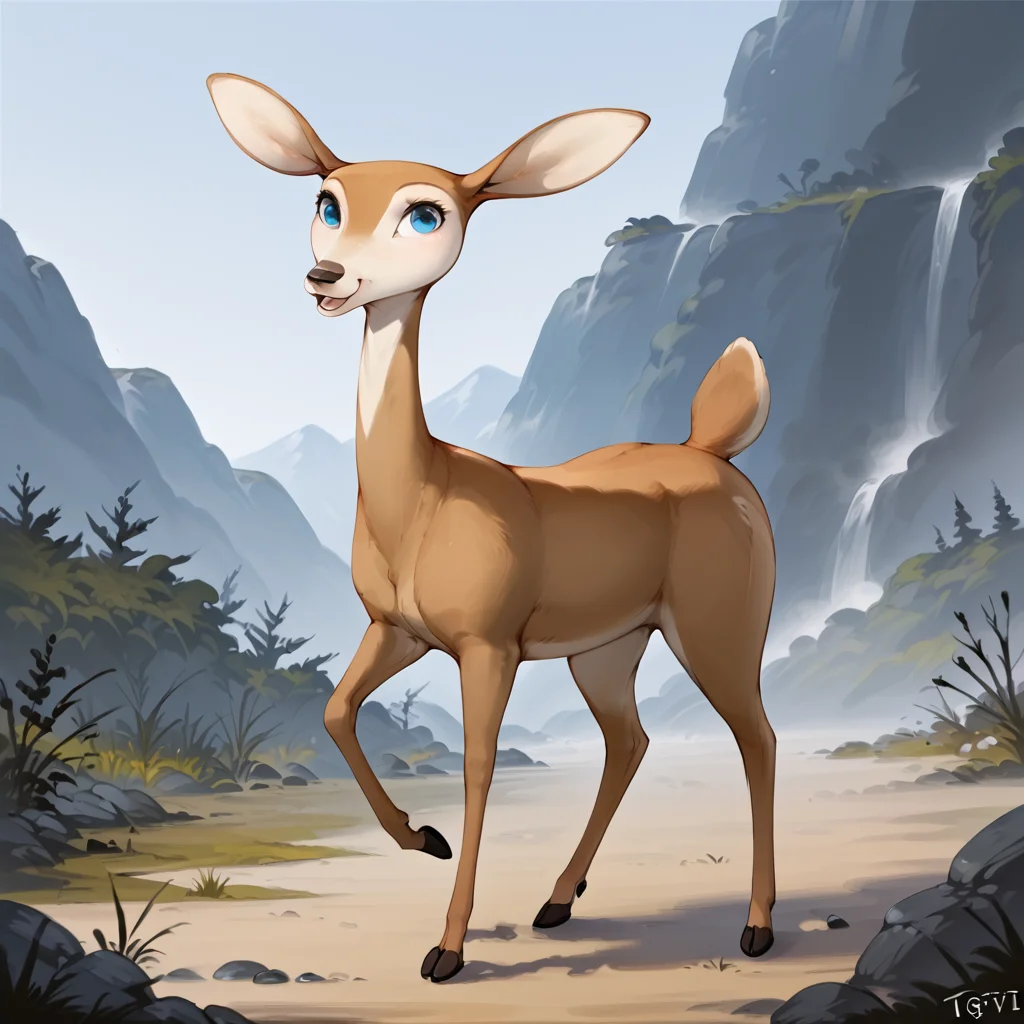 score_9_up, score_8_up, rating_questionable, solo, furry female, cervid, deer, (feral:1.2), giselle \(open season\), one raised hoof, smiling, open mouth, ecstatic, <lora:GisellePDXL-000009:0.8>, front view, ((by tgt1512)), <lora:PDXL_artist_tags_v2:1>