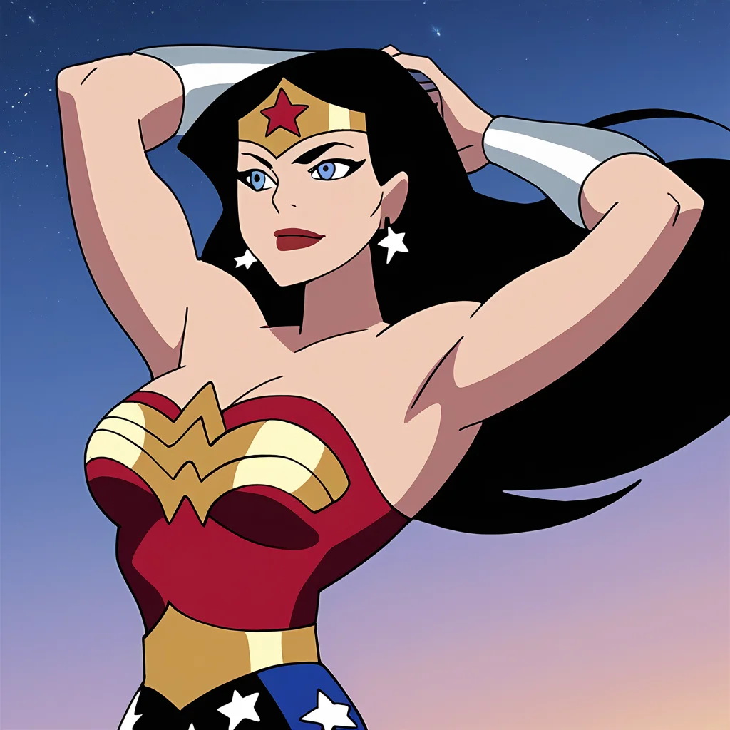 score_9, score_8_up, score_7_up, score_6_up, absurdres, best quality, source_cartoon, arms up, armpits, <lora:JLWW:1> , wwjl, 1girl, long hair, breasts, smile, blue eyes, black hair, cleavage, bare shoulders, jewelry, strapless, medium breasts, wonder woman, vambraces, earrings, star, symbol, leotard, makeup, tiara, lipstick, star earrings, red leotard, upper body, star print, closed mouth, portrait,