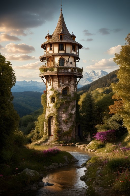 realistic analog photo, award winning photo, vary wide shot of magic stone witow tower:1.3, (Military watchtower), scenery,  fantasy, hills, dirt road, nature, outdoors, RAW, highres, 8k, uhd, High Dynamic Range, tonemapping, crisp details,