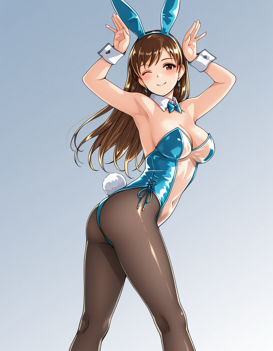 <lora:Nitta_Minami_by_Gustav_Illustrious:1>nitta minami
leotard, pantyhose, see-through, bunny ears, showgirl, posing, dynamic, wink, cleavage, thighs, butt
