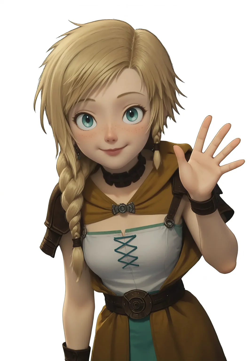 <lora:Hyper-SDXL-8steps-lora:1> <lora:Fixhands_anime_bdsqlsz_V1:1> zPDXL2, score_9, score_8_up, score_7_up, masterpiece, best quality, absurdres, high resolution, 8k, official art, official style, source_anime, uncensored, anime screencap, anime coloring, megami magazine, (ai-generated:0.6),
front view, little smile, closed mouth, standing, facing viewer, cowboy shot, looking at viewer, waving,
(white background:1.5), 1girl, (blush, backlighting:-1.2) <lora:LECO-white_background_XL(pony)v10:-5>
<lora:DQYS-bianca_XL(pony)v10:1> DQYS-bianca, blonde hair, short hair, braid, blue eyes, earrings, brown choker, armored dress, dress, skirt, armlet, boots,