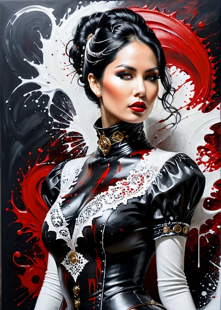 masterpiece, best quality, dark environment, (steampunk:1.5), a woman, black hair, black latex, white lace, turtleneck, sexy, full body, 8K, extremely detailed, decorated clothing, dragon, bloodwave, dynamic, great lighting, perfect shading, depth of field, soft side light, very detailed glowing background, <lora:add-detail-xl:0.8> <lora:MS_AcrylicArt_V1_SDXL:1> acrylic_painting, painting, brush strokes, paint drops, paint splatter