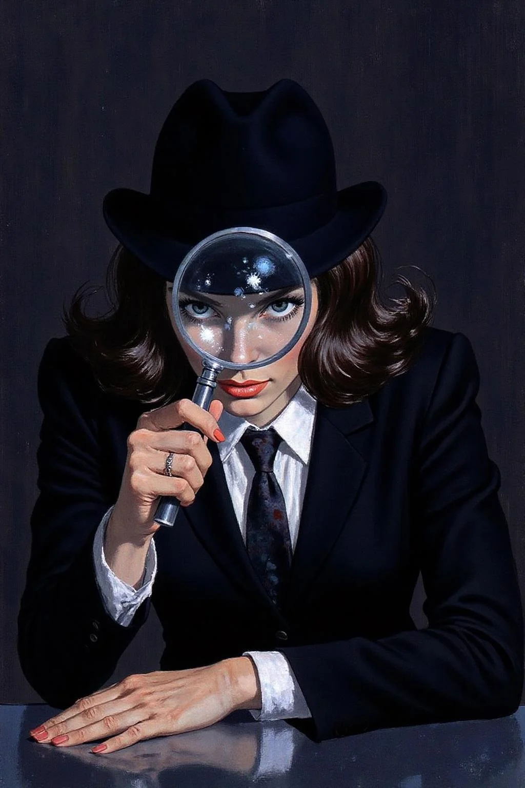 robmc1 illustration.
Portrait of a female detective scowling into a magnifying glass. The glass is crystal clear, showing a water portal through the glass. The detective is wearing a black suit that emanates her shadowy figure. <lora:robmc1_cap_d6a3e12:1.0><lora:820290843459177365:0>