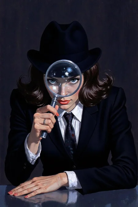 robmc1 illustration.
Portrait of a female detective scowling into a magnifying glass. The glass is crystal clear, showing a water portal through the glass. The detective is wearing a black suit that emanates her shadowy figure. <lora:robmc1_cap_d6a3e12:1.0><lora:820290843459177365:0>