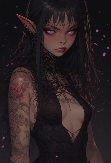 score_9, score_8_up, score_7_up, high detailed, high quality, masterpiece, no text, quality highlights, 8k detail, detailed background, source_anime, dynamic view, hentai, ultra-detailed,
...
1girl, (((solo))), pale elf, female focus, expressiveh, (young), (cold skin),
(black hair), purple eye whites, ( irises like moons), (long hair),
((round hips)), (small breasts), lips,
(incredibly sexy), sexy pose, pose, ((tattoos)), ((piercing in lips))
...
closed mouth,
((An elegant gown, a dress of belts, a dress of ribbons, black collar, center opening, side slit, high-waist sideboob)),
cowboy shot, looking at viewer, raised hand, green flame in hand, gold makeup, purple lips,
sitting, posing, close-up,
...
(((white simple background)))
