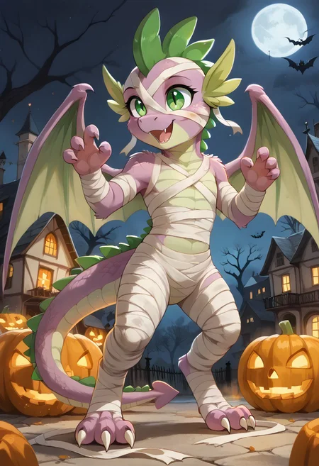 full body, ((solo)), furry, fluffy, fluffy fur, perfect eyes, (((only pony))), zPDXL3, ((action_pose:1.5)),

Spike\(my_little_pony\), (teenage dragon), happy, (Spike true color), wings, mummy costume, mummy wraps, wrapped, fangs, wings, (four toes), 

mummy costume, bandages, halloween, bandage on face, halloween costume, bandaged arm,

halloween, halloween costume,

(outside town suburb), autumn, halloween, jack-o lantern, (dark deep night),

(high detailed face), (high art quality), (high detailed), 4k, (high resolution), (8k resolution), masterpiece, best quality, ((scenery)), detailed background