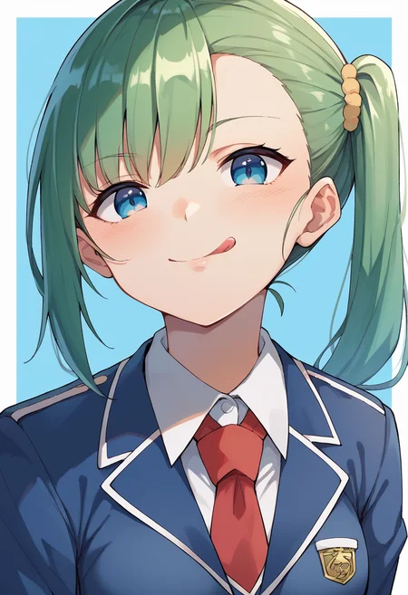 <lora:Lien-06:1> ,lien, green hair, side ponytail, blue eyes, blue school uniform, red tie, happy, licking lips, blue jacket, medium breasts,, score_9, score_8_up, score_7_up, source_anime,