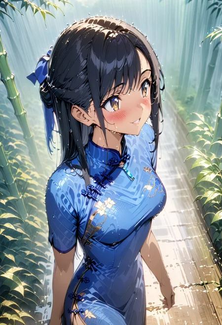 gorgeous lips, cinematic, (masterpiece), (best quality), (ultra-detailed), very aesthetic, illustration, perfect composition, intricate details, absurdres, detailed face, (anime, masterpiece, intricate:1.3), (best quality, hires textures, high detail:1.2)side angle, from the side, outdoors
BREAK, a anime girl with very long black hair, straight hair styled in a half up do, Chinese bamboo forest, 1girl, solo, side swept bangs, medium breasts, long hair, black hair, looking at up, walking, blue long flowing silk cheongsam, XCYP Cheongsam beauties, sapphire necklace, hair ribbon, blue back head hair bow, smiling, hair blowing in the wind, cheongsam blowing in the wind, blush, full shot, collarbone, plants, brown eyes, perfect eyes, beautiful creek in the background, afternoon time, raining, heavy rain, wet hair, cinematic lighting, dolly shot,