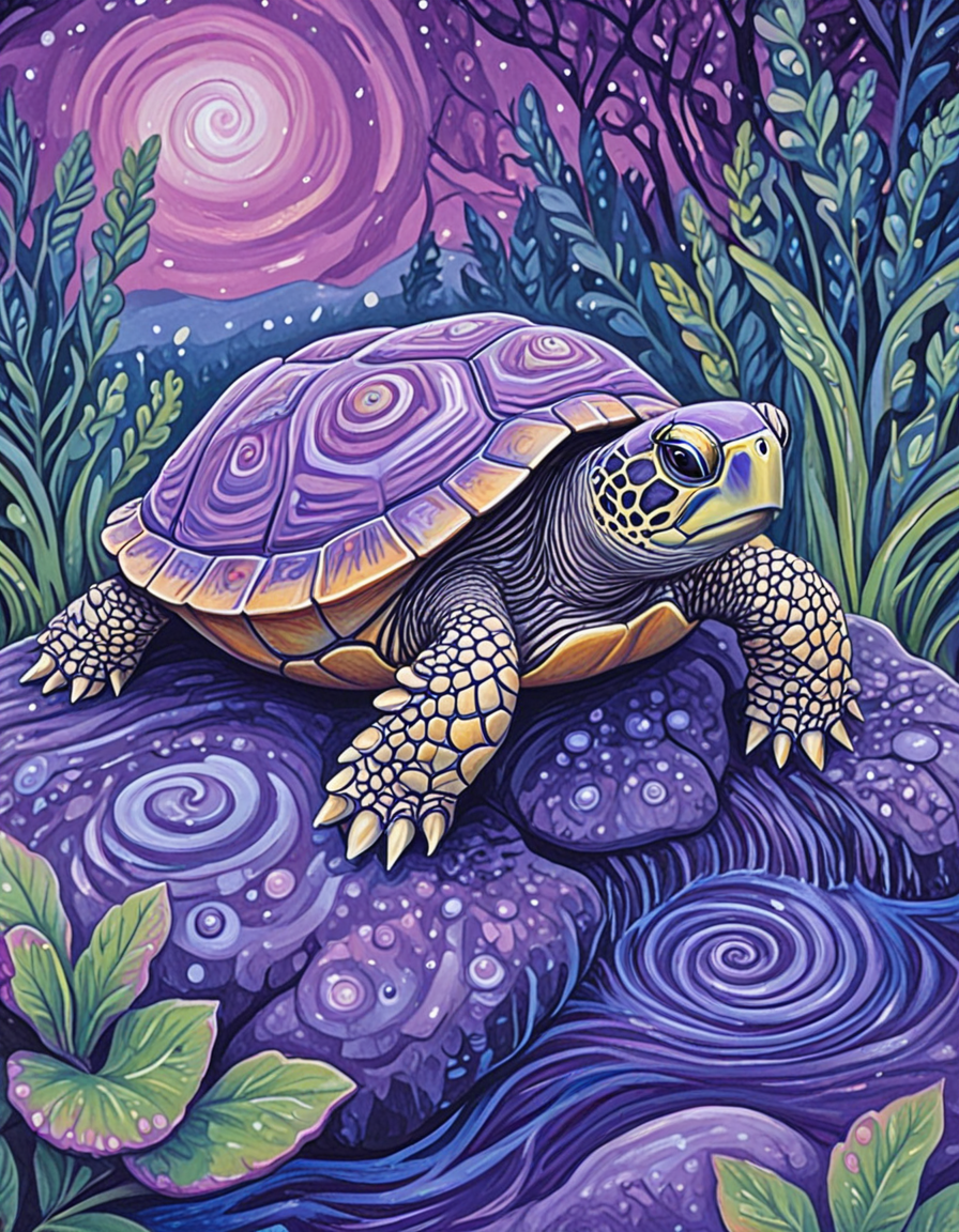 novuschroma66 style turtle on a rock in a pond in the rain  swirl patterns <lora:novuschroma66 style:1>  <lora:sdxl_lightning_8step_lora:1>