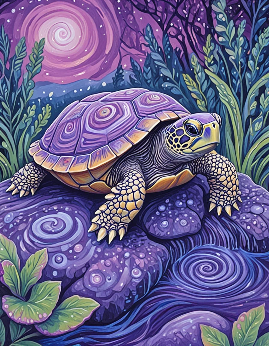 novuschroma66 style turtle on a rock in a pond in the rain swirl patterns <lora:novuschroma66 style:1> <lora:sdxl_lightning_8step_lora:1>