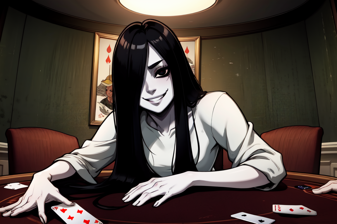 <lora:TheOnryo:0.8> sadako, pale skin, white dress, black hair, very long hair, hair over one eye, black eyes, dark room, playing cards at a table, smug grin,