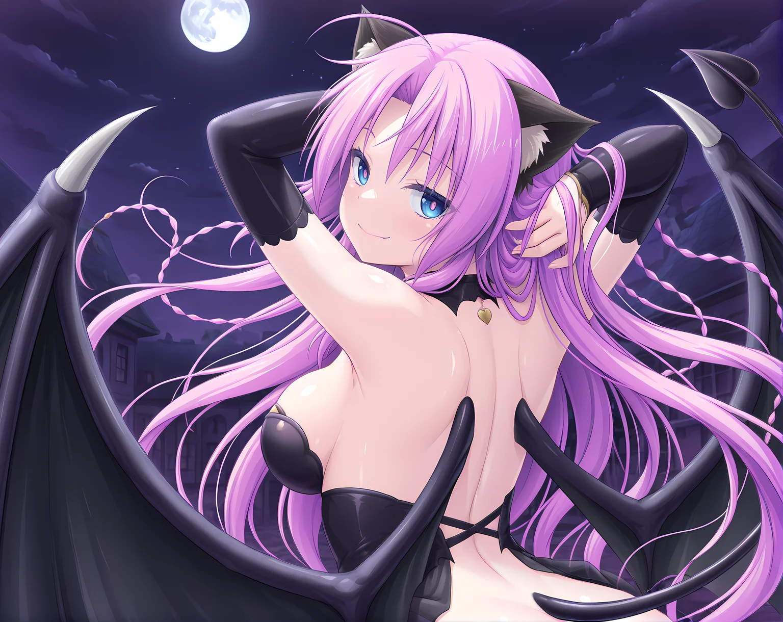 liliem,demon tail,demon wings,medium breasts,solo,flying,moon,sky,lbase outfit,upper body,seductive smile,looking back,sex from behind,arms behind head,<lora:Tenbin_no_La_DEA_Character_Pack_1:0.7>,outdoors,floating,night,, masterpiece, best quality, amazing quality, very aesthetic, absurdres, newest, detailed eyes,ultra-detailed,8K,illustration,vivid,CG,photographic hair,beautiful face,shiny hair,shiny skin,ultra-detailed-eyes,