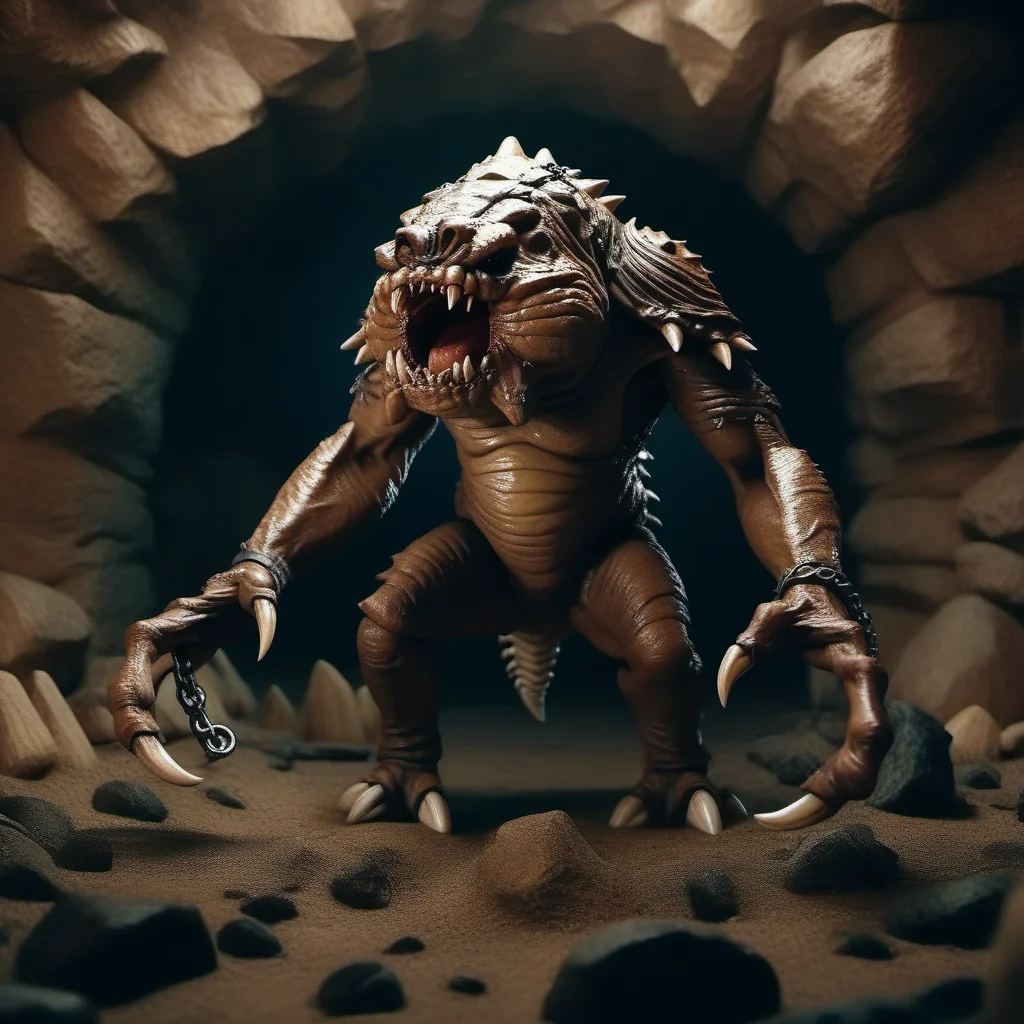 cinematic photo a full body portrait monster, claws, sharp teeth, cave, chains <lora:Rancor1024:0.8> . 35mm photograph, film, bokeh, professional, 4k, highly detailed